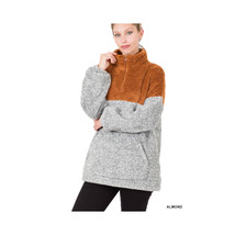  Faux Fur Quarter Zip Jacket   with Kangaroo Pockets Gray &amp; Brown Relaxe... - £31.22 GBP