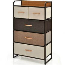 4-Tier Organizer Tower Steel Frame Wooden Top Storage with 5-Drawer Dresser - Co - £66.58 GBP