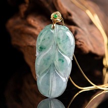 18K Gold Inlay Authentic Icy Carving Leaf Floating Flowers Pattern Grade A Jade  - £300.26 GBP