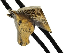 Western Bronze Tone Horse Head Bolo Neck Tie Black Cord Brass Tone Ends - £47.47 GBP