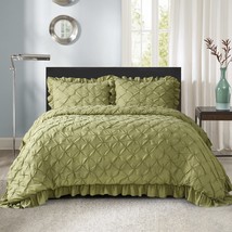 HIG 3 Piece Lace Ruffled Farmhouse French Pastoral Style Comforter Set-Sage - £33.80 GBP+