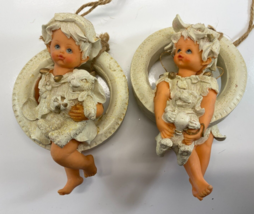 Vintage Lot 2 Ceramic Angel Children Dog Rabbit on Tire Swing Hanging Figurines - £47.30 GBP