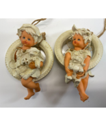 Vintage Lot 2 Ceramic Angel Children Dog Rabbit on Tire Swing Hanging Fi... - $59.39