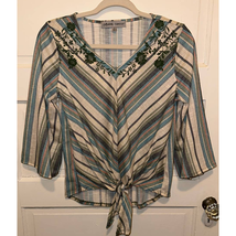 Absolutely Famous Tie-Front 3/4 Length Bell Sleeves Striped Floral Top Size S - £17.29 GBP