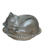 Sleeping Cat on a Nest Glass Vintage Indiana Glass Covered Candy Dish Clear - $458.45 MXN