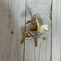 1.25&quot; White Carousel Horse Pink Flag Enamel Pin Brooch - £7.27 GBP