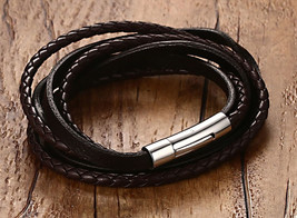 Womens Brown Braided Leather Wrap Bracelet Stainless Steel Clasp 55cm NEW - £18.79 GBP