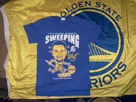 Golden State Warriors Steph Curry Sweeping the West MVP Caricature Shirt Adult M - £15.72 GBP