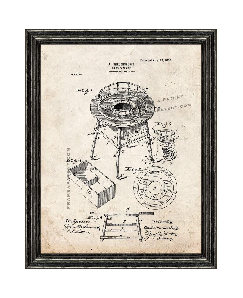 Baby Walker Patent Print Old Look with Black Wood Frame