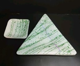 2 Pair Fused Art Glass Triangle Dinner Square Bread Plates Green Glitter... - $32.71