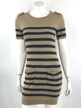 Belle du Jour Juniors Sweater Dress Size Large Tan Navy Blue Striped Pockets  - £11.69 GBP