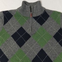 J CREW Lambswool 1/4 Zip Sweater - L Gray Navy Green Argyle Mock Neck - $34.64