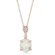 Rose Gold Plated Sterling Silver Micro Pave CZ White Oval Opal Pendant Necklace - £26.50 GBP