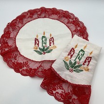 Set 2 Vtg Embroidered Christmas Doily Candle Lace Red White Kitsch Handmade 13&quot; - £12.28 GBP