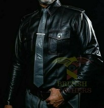 Men's Black Police Lederhemd Shirt Genuine Soft Lambskin Leather Cuir Schwarz  - $99.94