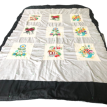 Handmade Quilt Cottagecore 68x50 Crewel Embroidered Floral Barns Scene Craft VTG - £48.19 GBP