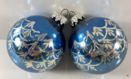 Vintage Lot 2 West Germany Blue Silver Scallop Design Glass Ball Ornaments - £15.63 GBP