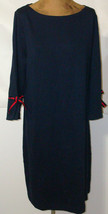 New Womens Talbots Dress L Sheath Navy Blue Red Bow Sleeves Slit Cotton Nice Kni - £126.59 GBP