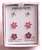 3 pairs Girls Sterling Silver 925 Pink Clear Crystal Flower Post Stud Earrings - £12.01 GBP