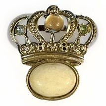 Vintage Tri Color Rhinestone and Large Faux Pearl Coronation Crown Brooch - $15.78