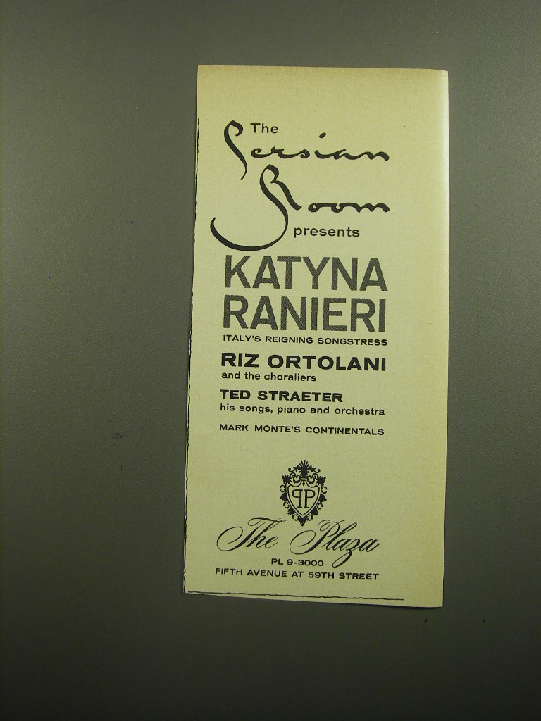 Primary image for 1960 The Plaza Hotel Ad - The Persian Room presents Katyna Ranieri
