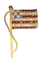 Vintage American Flag Rhinestone Brooch Pin Gold Tone 2&quot; x 1-1/4&quot; - £7.90 GBP