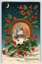 Christmas Postcard Embossed Church Crescent Moon Holly Berries Stars Vintage - £7.58 GBP