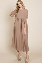 Bombom Ruched Midi Dress Women’s Casual Short Sleeve Round Neck Bodycon ... - $43.54