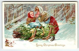 Christmas Postcard Loving Greetings Mom &amp; Child X-mas Tree Sled Tuck Series 102 - £16.33 GBP