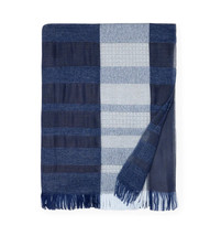 Sferra Rimini Denim Blue Throw Blanket Plaid Stripes Wool Cotton 51x75 Italy NEW - £107.99 GBP
