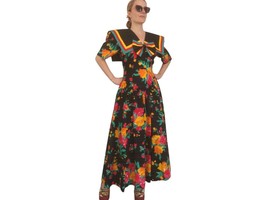 80s Colorful Floral Dress Tropical Jamaica Colors Full Skirt Cotton Vintage S - £100.71 GBP