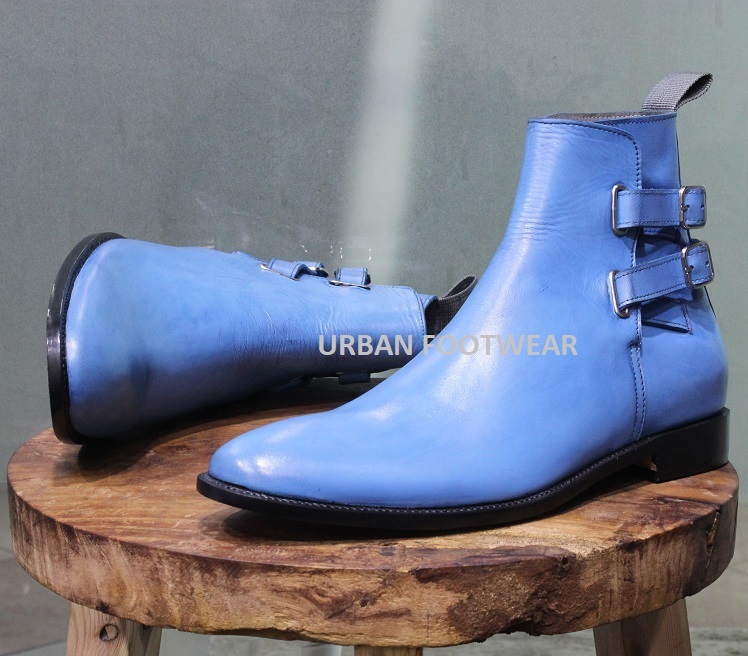 New Handmade Men's Blue & Black Leather & Blue Suede High Ankle Lace Up Boots