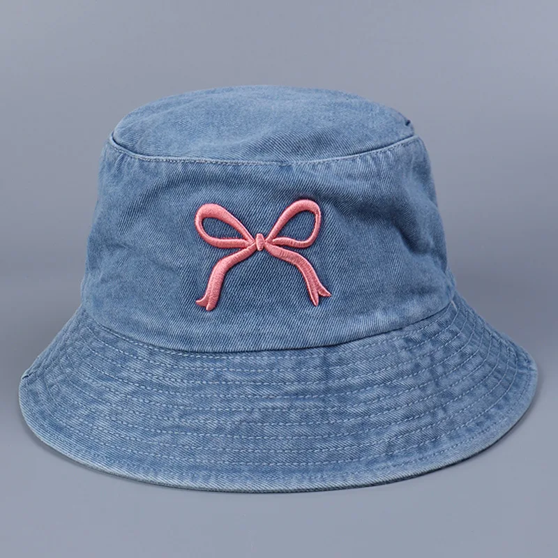 Sweet Pink Bow Embroidered Denim Bucket Hat Women Spring Summer New Viso... - £13.22 GBP