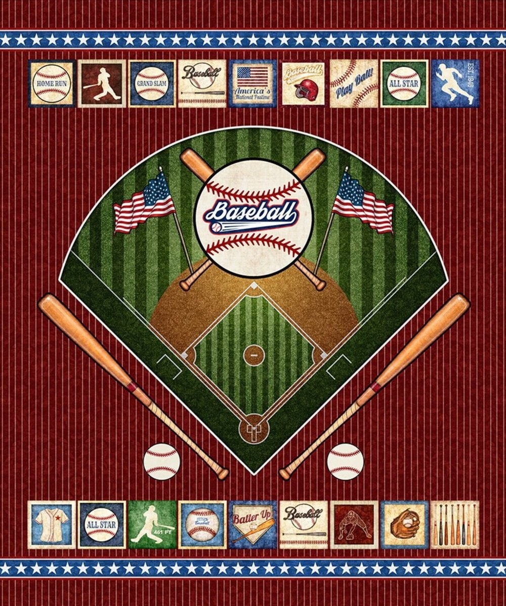 35&quot; X 44&quot; Panel America&#39;s Pastime Baseball Field Red Cotton Fabric D664.80 - $13.56
