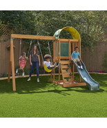 Wooden Swing Slide Set Cedar Outdoor Playground Chalk Wall Sandbox Rockw... - $382.44