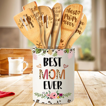 Mothers Day Gifts for Mom Women Her, Ceramic Utensil Holder with Wooden Spoons S - £38.77 GBP