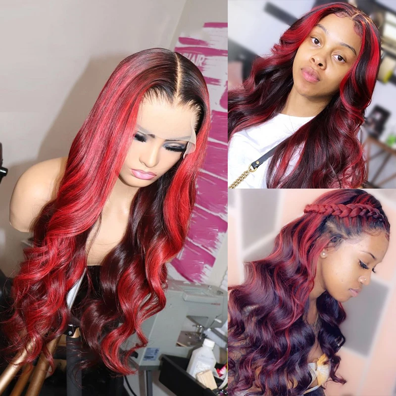 Loose Wave Ombre 99J Lace Front Human Hair Wigs 180% Wavy Remy Hair 1B/Burgundy - $95.49+