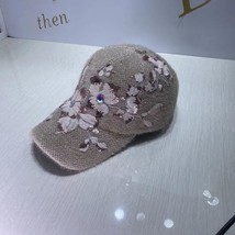 Hat Female Sequined Diamonds Flower Warm Baseball Cap Casual Plush Medium Peaked - £15.64 GBP