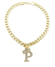 King &amp; Queen Initial Letter P Crystals Pendant Gold-tone Cuban Chain Necklace - £19.74 GBP