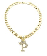 King &amp; Queen Initial Letter P Crystals Pendant Gold-tone Cuban Chain Nec... - $34.28 CAD
