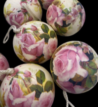 Romantic Roses Christmas Ornaments Set Lot 6 Balls Shabby Pink Floral Victorian - £51.59 GBP
