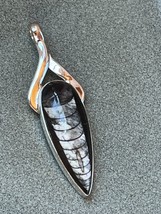Black &amp; Gray Teardrop Fossil Stone in 925 Silver Frame Pendant – marked ... - $24.13