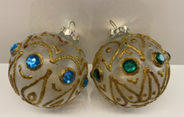 Lot of 2 Large Glass Embellished Gold Jewel Green Blue Ornaments w/Defect - $22.76