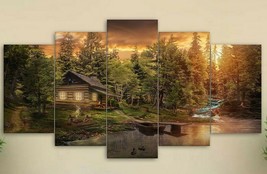 Multi Panel Print Cabin in the Woods Canvas Wall Art Mountain Creek Lake 5 Piece - £22.00 GBP+