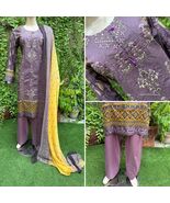 Pakistani  purple Printed Straight Shirt 3PCS Lawn Suit w/ Threadwork ,L - $49.50