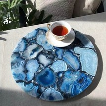 12&quot; Round Blue Agate Coffee Table Crystal Stone Mid Century Modern Arts Decors - $278.19