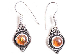 Silver Plated Handcrafted Round Amber Designer Dangle Earrings Women Party Gift - £23.36 GBP