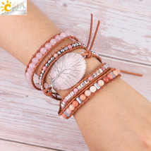 Tree of Life Women Jewelry Natural Pink Quartz Crystal Stone Charms Bracelet Lea - £26.46 GBP