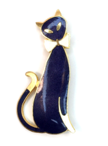 Vintage Brooch Pin Stylized Enamel &amp; Gold Tone Kitty Cat Wearing Bow Tie - £12.78 GBP