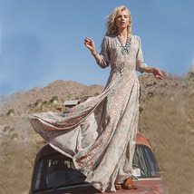 Bohemian Maxi Dress, Vintage Chiffon Printed Fringed Long-sleeved Beach ... - $27.99